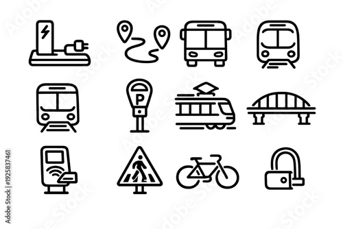 Set of transportation and urban mobility icons including bus train bicycle charging station parking meter and pedestrian crossing signs