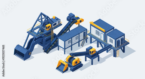 Industrial mining equipment and processing plant isometric illustration.