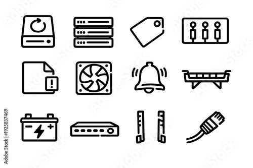 Computer hardware and networking line icons set including server rack cooling fan battery and ethernet cable for data center management