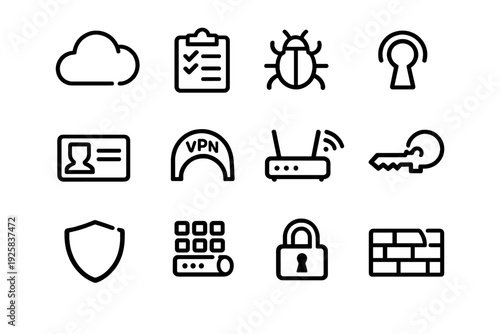 Cybersecurity and network security line icons set featuring cloud computing data protection firewall and vpn symbols