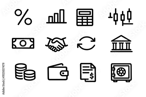 Set of finance and banking line icons including money wallet bank safe calculator and business handshake symbols for corporate financial