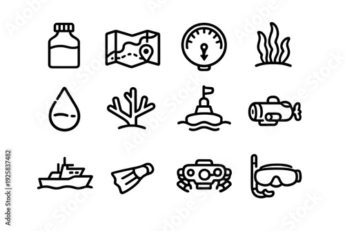 Ocean exploration and diving equipment line icon set featuring submarine ship map coral seaweed and underwater drone elements