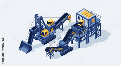 Industrial mining equipment with conveyor belts and excavator.