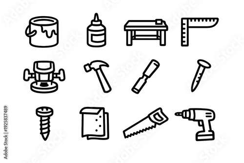 Carpentry and woodworking hand tools and power equipment icons including hammer saw drill and workbench on white background