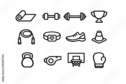 Set of fitness and sports equipment icons including dumbbell barbell yoga mat kettlebell and boxing glove for gym workout