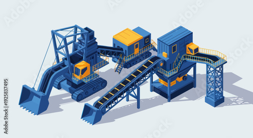 Industrial mining equipment complex with conveyor belts and excavators.