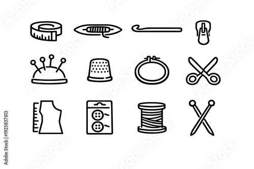Sewing and tailoring equipment icons set including scissors measuring tape thread spool buttons and knitting needles on white background