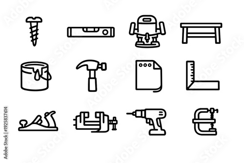 Carpentry and woodworking tool icons set including hammer drill level and workbench for home improvement projects