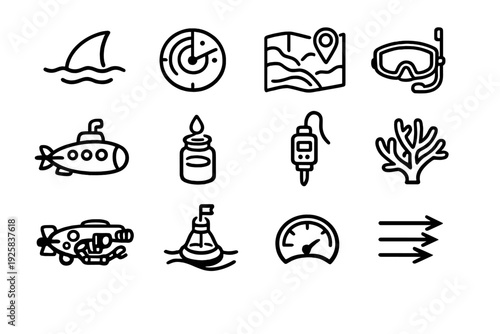 Set of underwater exploration and marine research line icons including submarine diving mask shark fin and nautical equipment