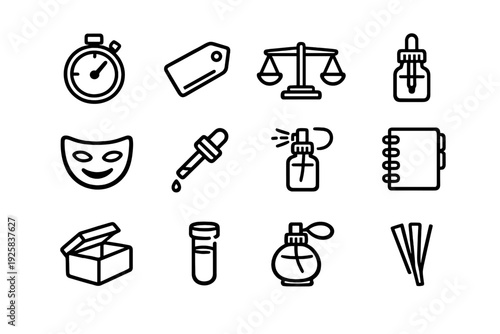 Minimalist black line icons set featuring stopwatch scales dropper mask notebook spray bottle and perfume on white background