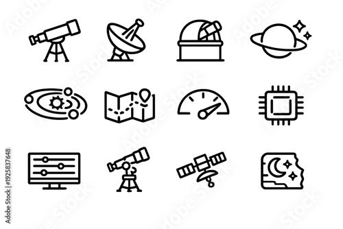 Astronomy and space exploration technology line icon set featuring telescope satellite planet and observatory symbols for science research