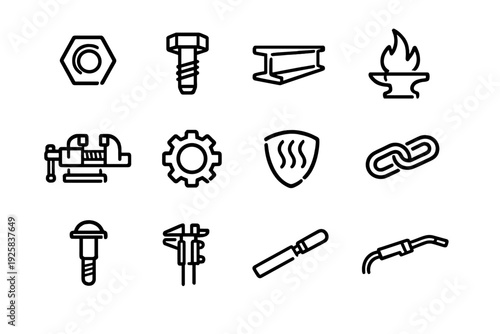 Metalworking and industrial tool icons including anvil gear bolt nut vise and welding torch on white background