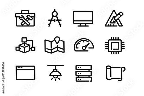 Engineering and technology line icons featuring toolbox compass monitor ruler map speedometer cpu browser lamp server and blueprint