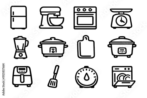 Set of kitchen appliance icons including refrigerator oven blender air fryer and dishwasher for home cooking and culinary design