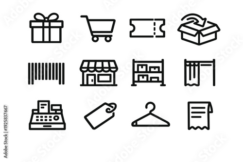 Set of retail and e-commerce line icons including shopping cart gift box barcode storefront cash register price tag and receipt