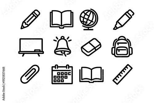 Collection of school and education line icons featuring pencil book globe chalkboard bell eraser backpack paperclip calendar and ruler