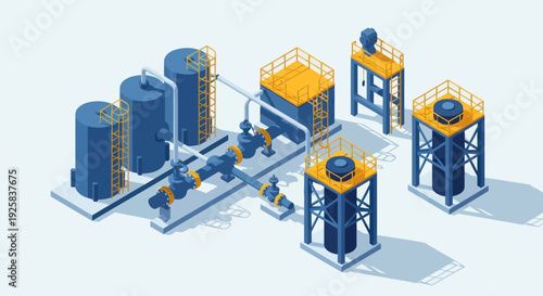 Industrial Plant Equipment and Storage Tanks Isometric View.