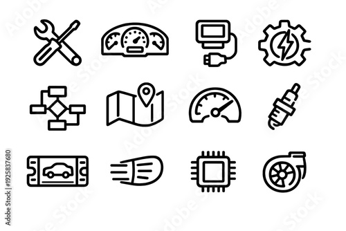 Automotive diagnostic and car repair service line icon set with tools dashboard navigation and engine components