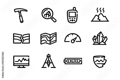 Geology and earth science line icon set featuring pickaxe volcano crystals tectonic plates seismograph and drilling equipment