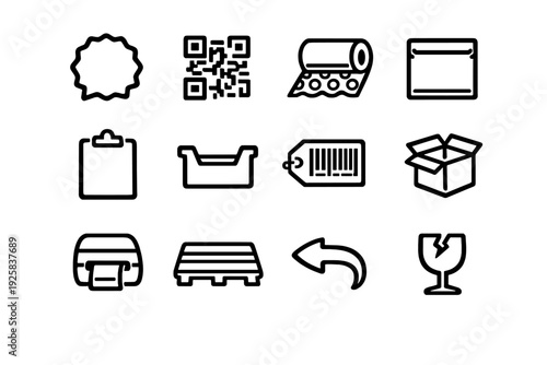 Logistics and shipping line icon set featuring barcode qr code cardboard box pallet and fragile symbol for warehouse management