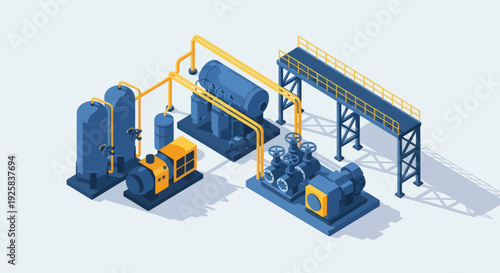 Industrial Plant Equipment with Pumps and Tanks.