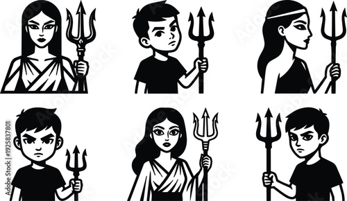 Monochrome vector icon set six trident holding characters close up front and profile view with bold line art cartoon portrait