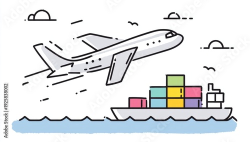 Plane over ship; cargo containers. Flat line illustration