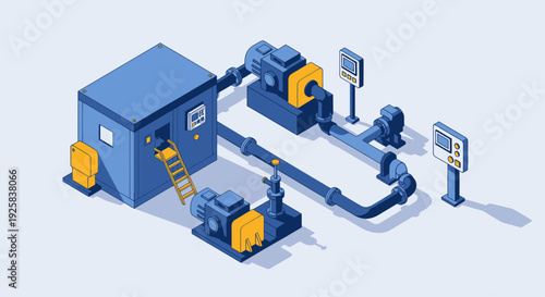 Industrial water pump system with control panel and pipes.