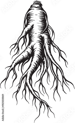 Ginseng root full body botanical study detailed engraving illustration for natural supplement packaging label design