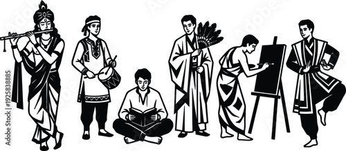 Silhouette vector row of traditional musicians and artists performing with instruments and painting in diverse cultural dress close up studio