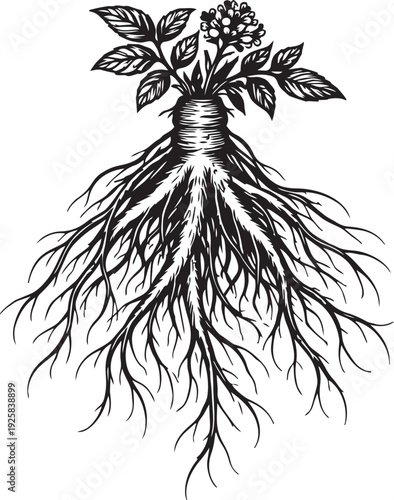 Ginseng plant root system botanical composition detailed engraving illustration for medicinal supplement packaging label design