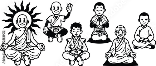 Line art cartoon group of meditating monks in lotus pose front view sun aura varied ages smiling peaceful hands together