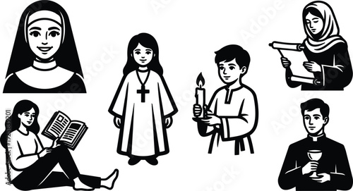 Line art religious character set showing nun acolyte girl in robe boy holding candle priest with chalice woman reading scroll
