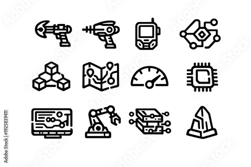 Set of futuristic technology and science fiction line icons featuring weapons gadgets and industrial equipment for user interface design