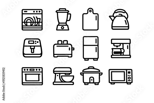 Minimalist black line icons of kitchen appliances including microwave oven toaster blender and coffee maker on white background