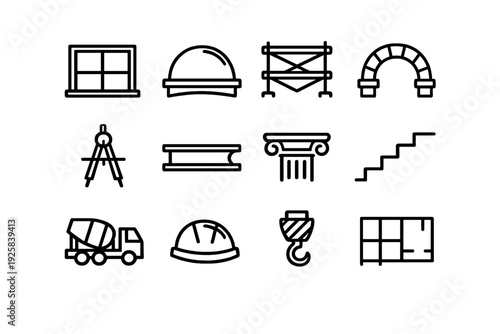 Architecture and construction industry line icons set including building equipment tools hard hat crane truck and floor plan