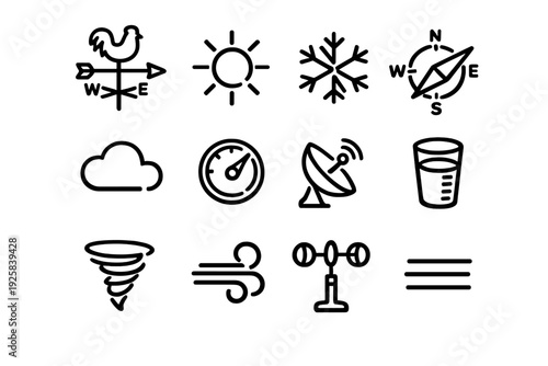 Set of weather and meteorology icons featuring sun snowflake wind compass tornado and barometer symbols on white background