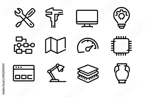 Black line icons for engineering technology industrial design tools computer chip and lightbulb