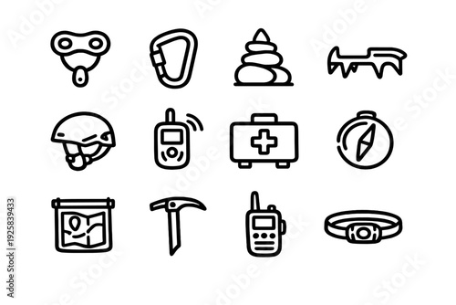 Mountain climbing and hiking equipment icons set including carabiner helmet ice axe compass first aid kit and headlamp for outdoor adventure