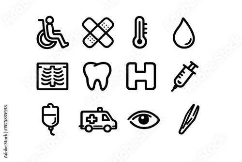 Medical and healthcare line icon set featuring ambulance syringe wheelchair thermometer tooth and hospital symbols on white background