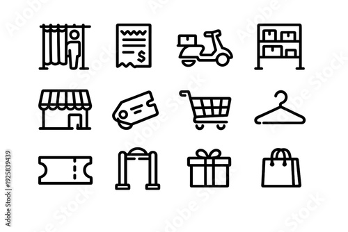 Set of retail and shopping icons including shopping cart delivery scooter storefront gift box and shopping bag for commercial use