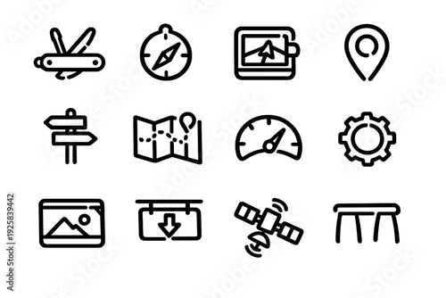 Collection of travel and navigation line icons including compass map pin satellite and signpost on white background