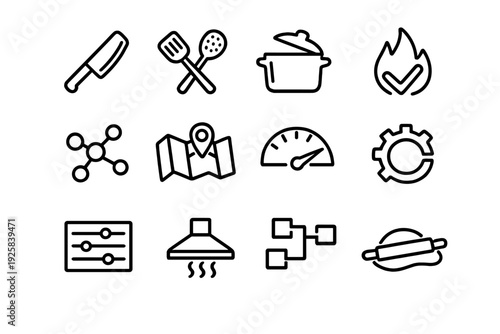 Set of black line icons for kitchen tools cooking equipment and technical symbols on white background for web and mobile app design