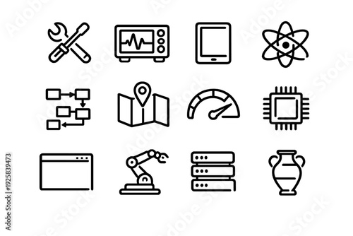 Set of technology and industry line icons including tools atom map microchip robotic arm and server rack on white background