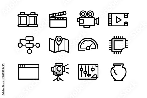 Set of black line icons featuring film production equipment technology map and antique vase on white background