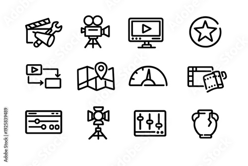 Set of film production and video editing icons including camera clapperboard studio light and creative tools for cinematography