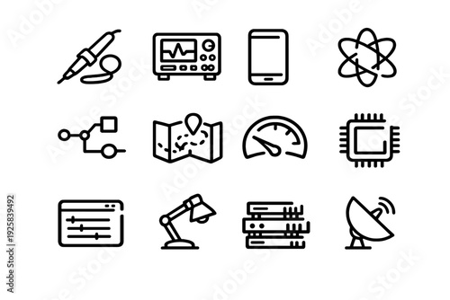 Collection of technology and engineering line icons including microchip oscilloscope satellite dish and server rack symbols