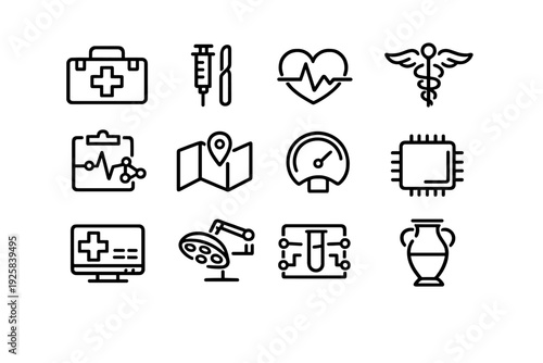 Set of medical and technology line icons including first aid kit heart pulse caduceus syringe surgical lamp and microchip on white
