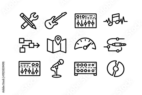 Minimalist black line icons set featuring music production tools audio equipment navigation map and technical settings symbols