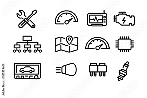Automotive diagnostic and car repair service icons set including engine check speedometer spark plug and mechanical tools for vehicle
